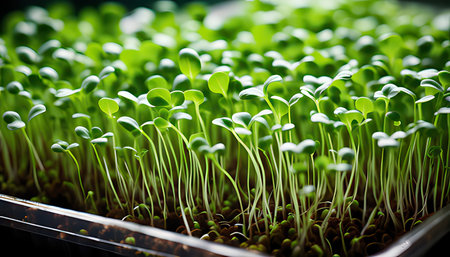 Microgreen sprouts of sunflower in a tray. Selective focus.の素材