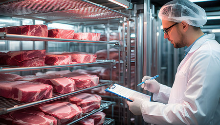 Meat processing plant. Confident young man in white uniform writing on clipboard while standing in...