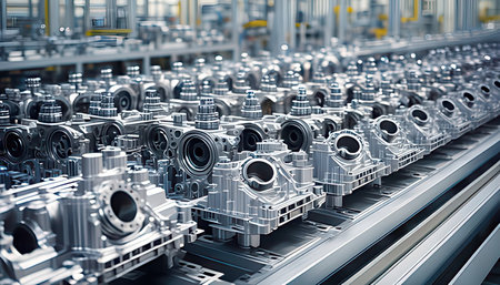 3d rendering metal gearbox on the conveyor belt in factoryの素材