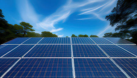 Solar panels on the background of the blue sky. 3d renderingの素材