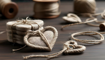 bouquet of jute hearts on a wooden table, selective focusの素材
