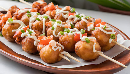 Meatballs with vegetables and mayonnaise on wooden skewers.の素材
