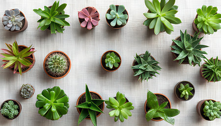 Top view of various succulents in pots on white background.の素材