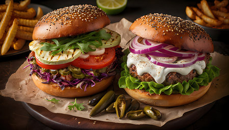 Two hamburgers with beef and vegetables on a wooden background.の素材