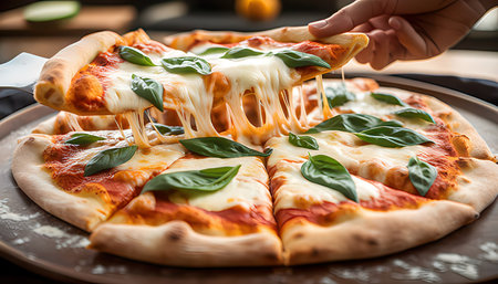 Pizza Margherita with mozzarella cheese and basil leavesの素材