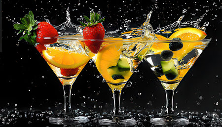 Fruit splashes in martini glasses with fruits on black backgroundの素材