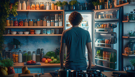 Young man standing in front of open fridge full of healthy food, vegetables and fruits.の素材