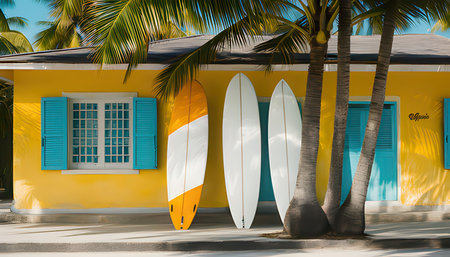 Surfboards in front of a yellow wall on a tropical beachの素材