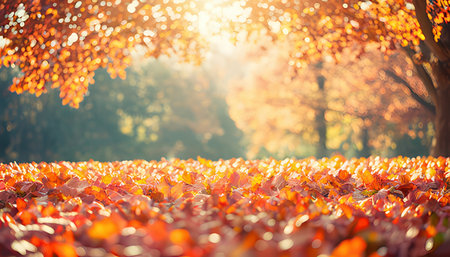 Autumn leaves on the ground in the park with sunbeamsの素材