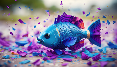 3d illustration of a blue fish in the water surrounded by confettiの素材