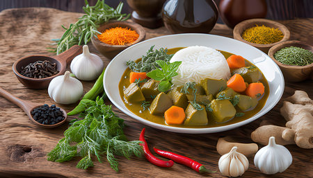 Vegetable curry with rice, herbs and spices on wooden backgroundの素材