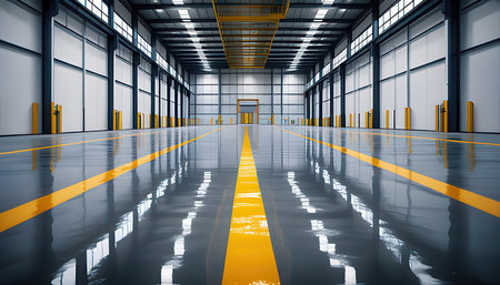 3D rendering of a warehouse interior with yellow lines on the floorの素材