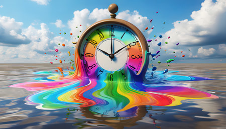 3d rendering of a clock with colorful rainbow background. Time conceptの素材