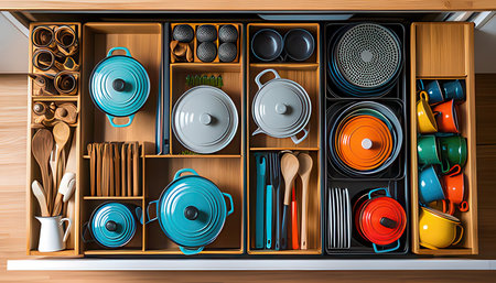 kitchen utensils in the wooden drawer. 3d renderingの素材