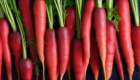 Bunch of fresh red carrots with green tops on black background.の素材