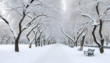 Winter park with snow-covered trees and benches, Moscow, Russiaの素材