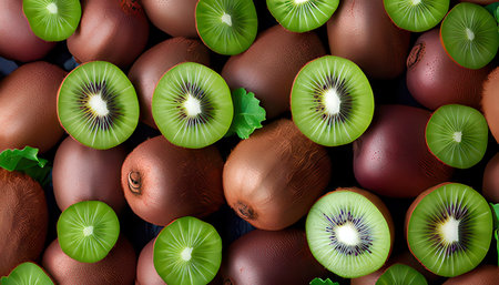 Chocolate easter eggs with kiwi fruit, top viewの素材