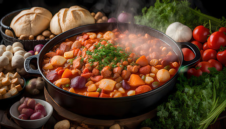 Chickpea stew with vegetables in a pot on a dark backgroundの素材