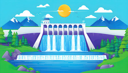 Hydroelectric dam on the river. Vector illustration in flat styleの素材