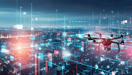 Drone flying over modern city at night. 3d rendering toned image double exposureの素材