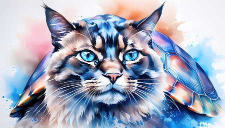 Beautiful cat with blue eyes. Digital painting. Colorful background.の素材