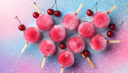 Frozen cherry popsicles on colorful background. Top view, flat layの素材