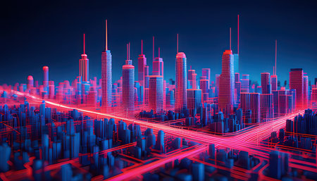 3d rendering of futuristic city. Futuristic city with neon lightsの素材