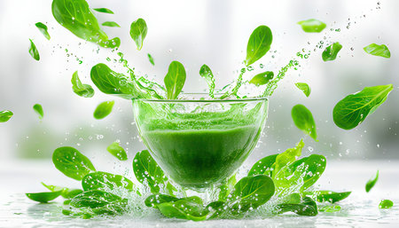 Spinach juice splash in glass with fresh green leaves on white backgroundの素材