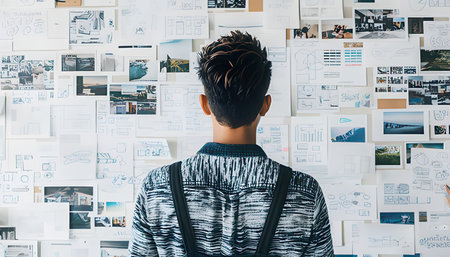 back view of young man standing in office and looking at wall with photos
