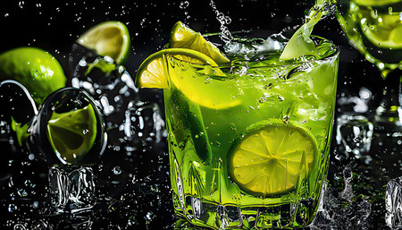 Cocktail with lime, ice and splash on a black backgroundの素材