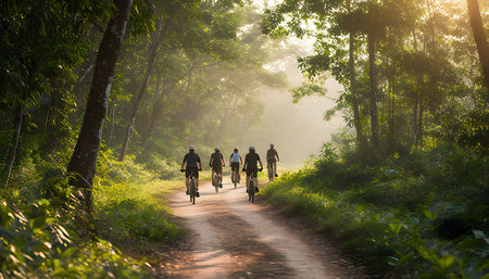 Cyclists cycling on the road in the forest at sunrise.の素材