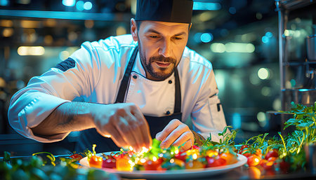 cooking, profession, food and people concept - happy male chef cook decorating vegetable salad at restaurant kitchenの素材