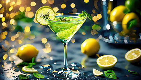 Cocktail with lime, mint and ice on a dark backgroundの素材