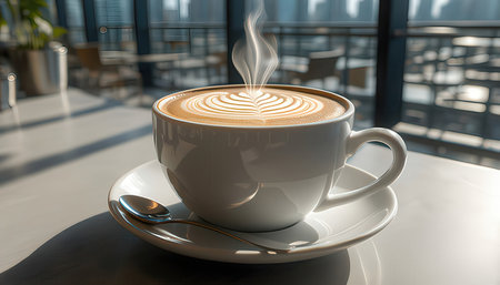 Cup of coffee with latte art on the table in cafeの素材