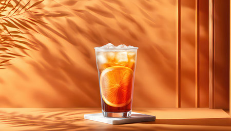 Glass of cocktail with ice cubes and orange on stand on orange backgroundの素材