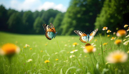 Butterflies on flower meadow in summer. Nature background.の素材