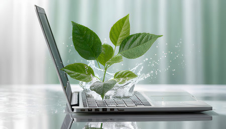 Laptop with green leaves on the table. 3d rendering.の素材