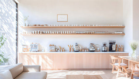 Coffee shop interior with coffee machine. 3d rendering mock upの素材