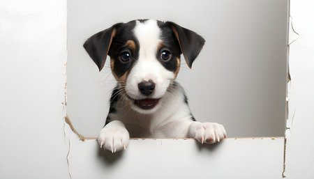 Jack Russell Terrier puppy peeking out of a hole in a white wallの素材