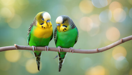 Budgerigar couple sitting on a branch in the gardenの素材