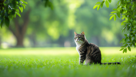 Cute cat sitting on green grass in the park with bokeh backgroundの素材
