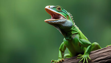Close up of a green iguana on a tree branch in the forestの素材