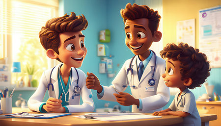 Happy family of doctors and their little patient. 3D rendering.の素材