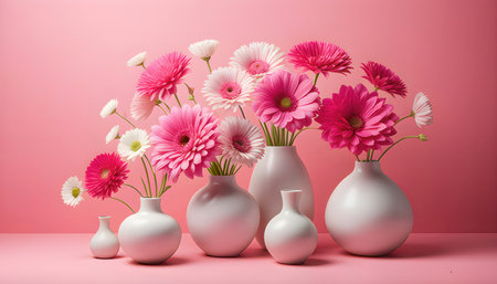 Beautiful pink gerbera flowers in vases on pink backgroundの素材
