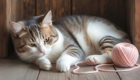 Cute cat lying on wooden floor and playing with ball of yarnの素材
