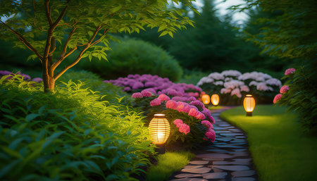 Lanterns decorate the path in the garden at night.の素材
