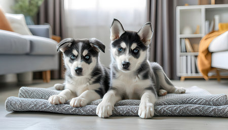 Cute husky dogs on carpet at home. Pet care conceptの素材