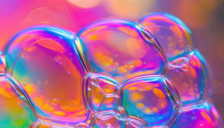 Colorful soap bubbles background. Abstract macro photo of soap bubbles.の素材