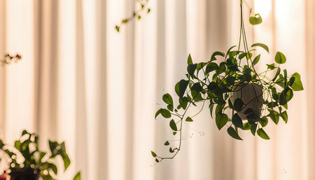 Beautiful houseplant in pot hanging on the window with sunlight.の素材