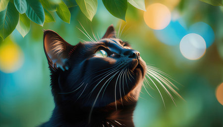 Black cat with green leaves on bokeh background, close upの素材